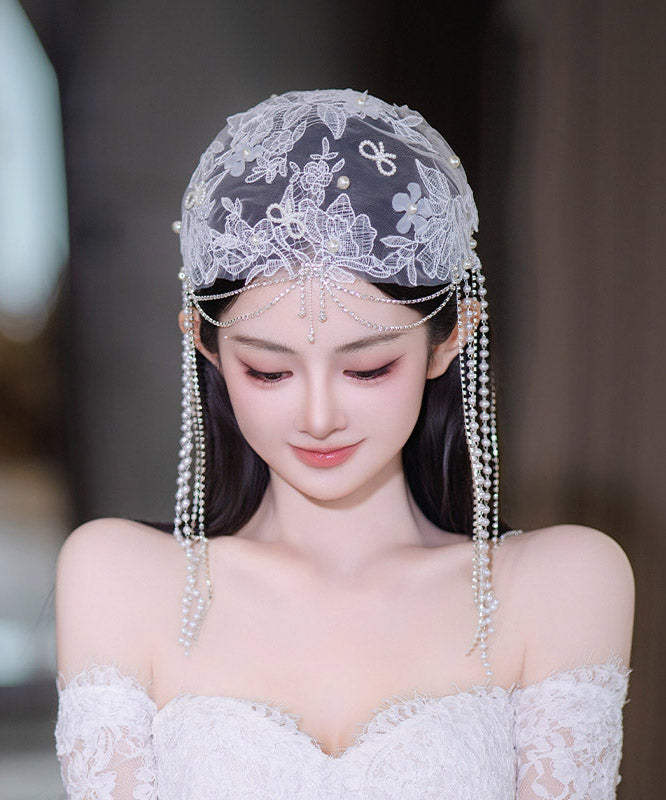 Original Design White Tulle Patchwork Lace Floral Pearl Tassel HairPiece