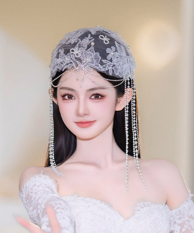 Original Design White Tulle Patchwork Lace Floral Pearl Tassel HairPiece