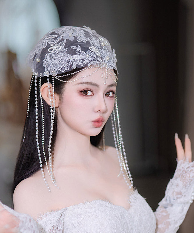 Original Design White Tulle Patchwork Lace Floral Pearl Tassel HairPiece