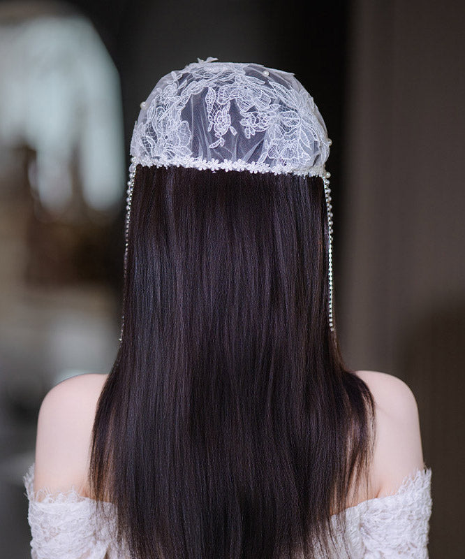 Original Design White Tulle Patchwork Lace Floral Pearl Tassel HairPiece