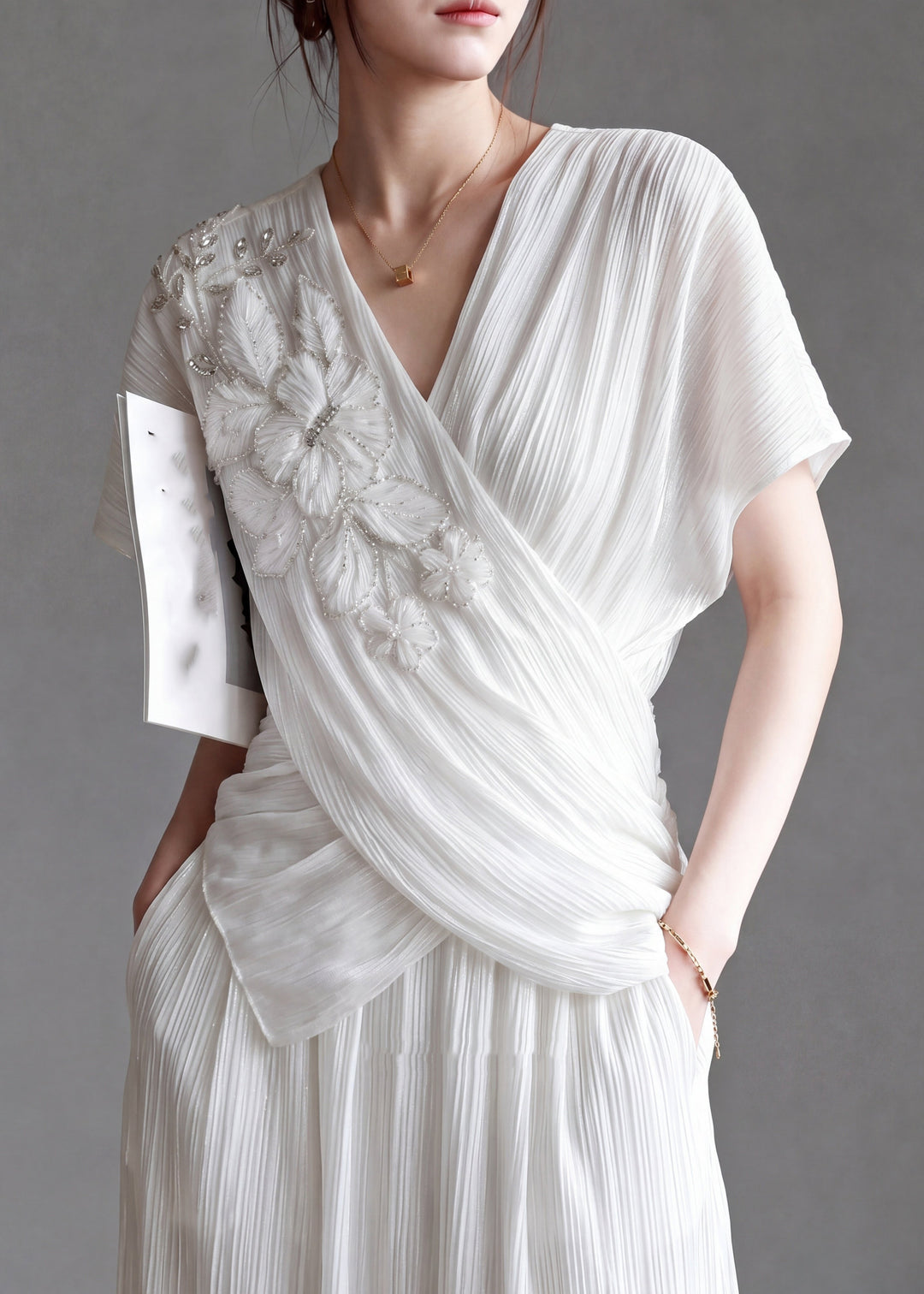 Original Design White V Neck Nail Bead Tops Summer