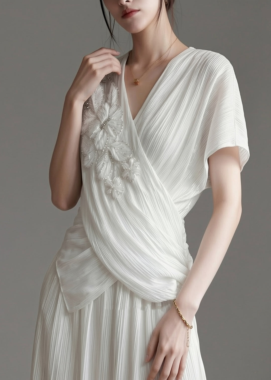 Original Design White V Neck Nail Bead Tops Summer