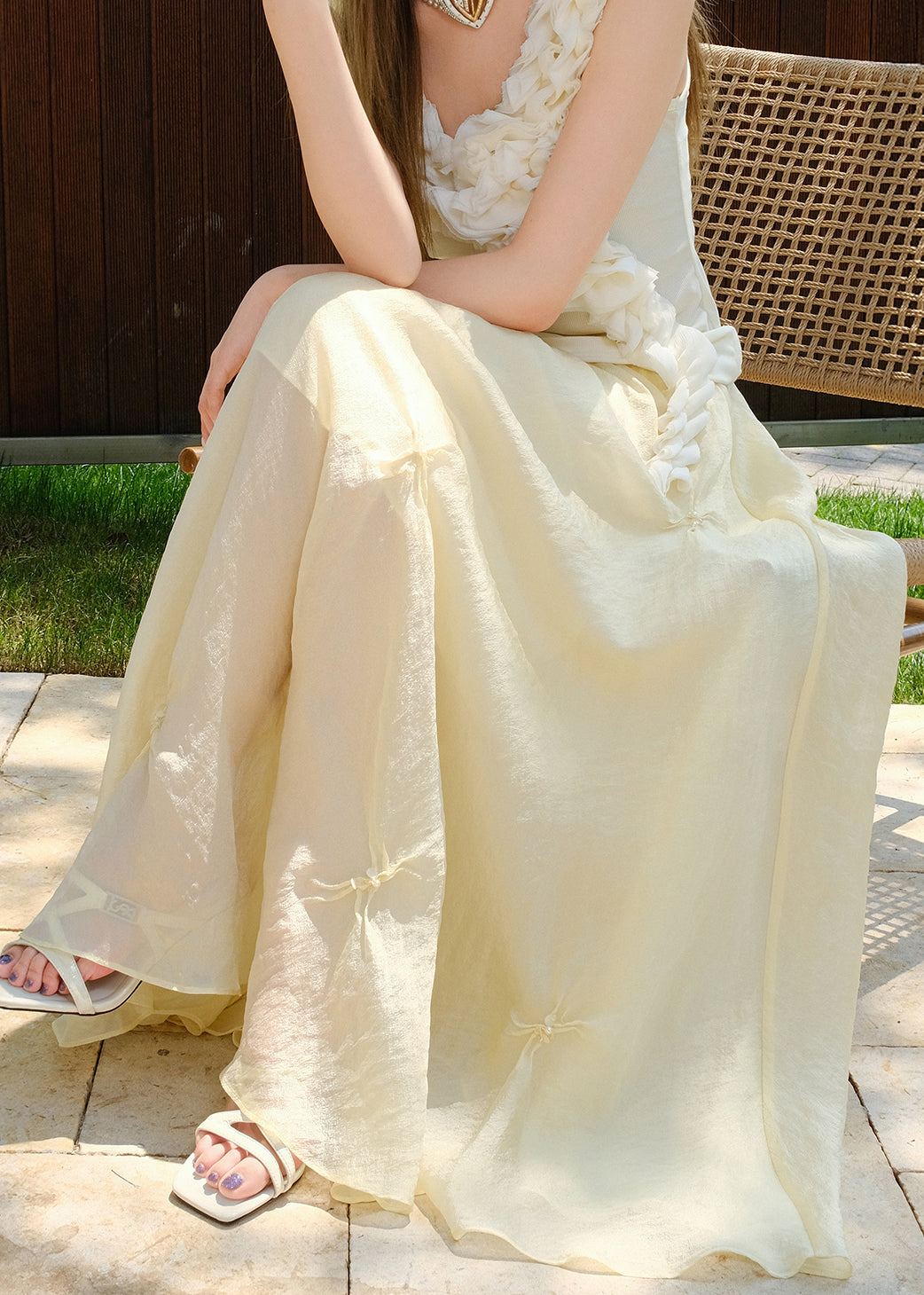 Original Design Yellow Nail Bead Elastic Waist Cotton Skirts Summer
