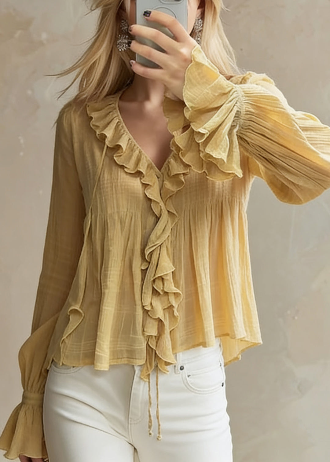 Original Design Yellow Ruffled Lace Up Cotton Blouse Flare Sleeve