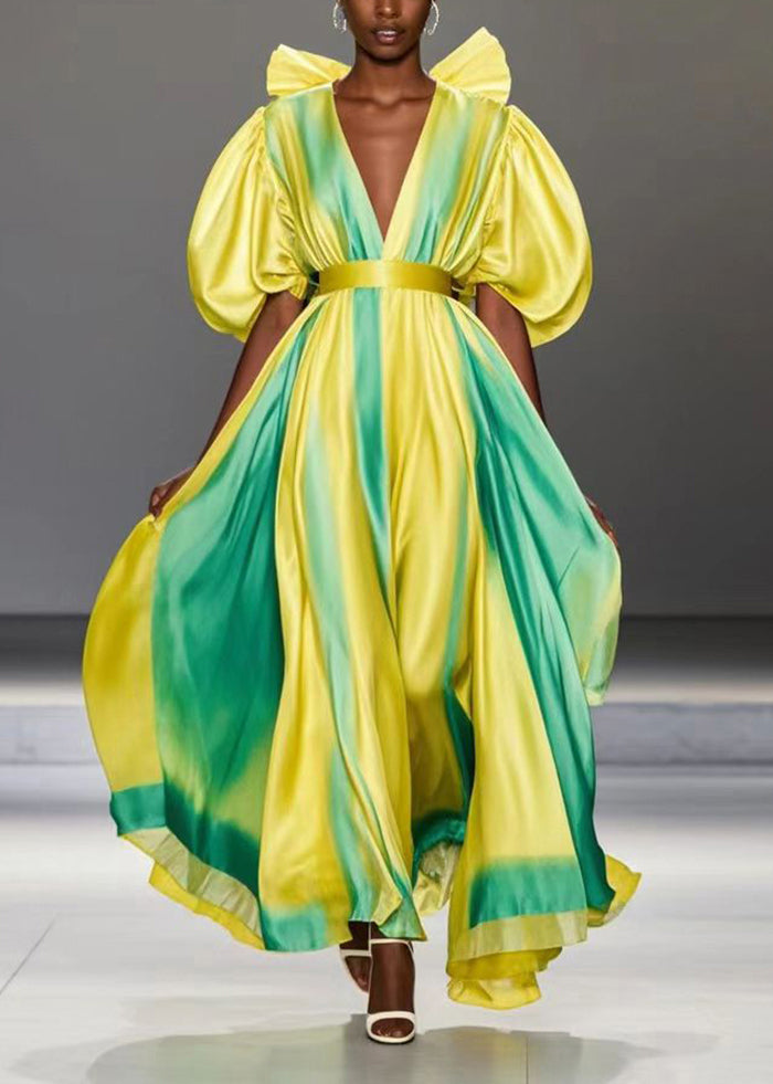 Original Design Yellow Tie Dye Silk Holiday Dress Puff Sleeve