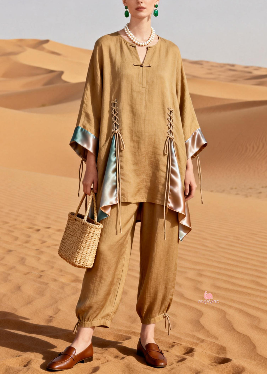 Original DesignKhaki Lace Up Patchwork Silk Linen Two Pieces Set