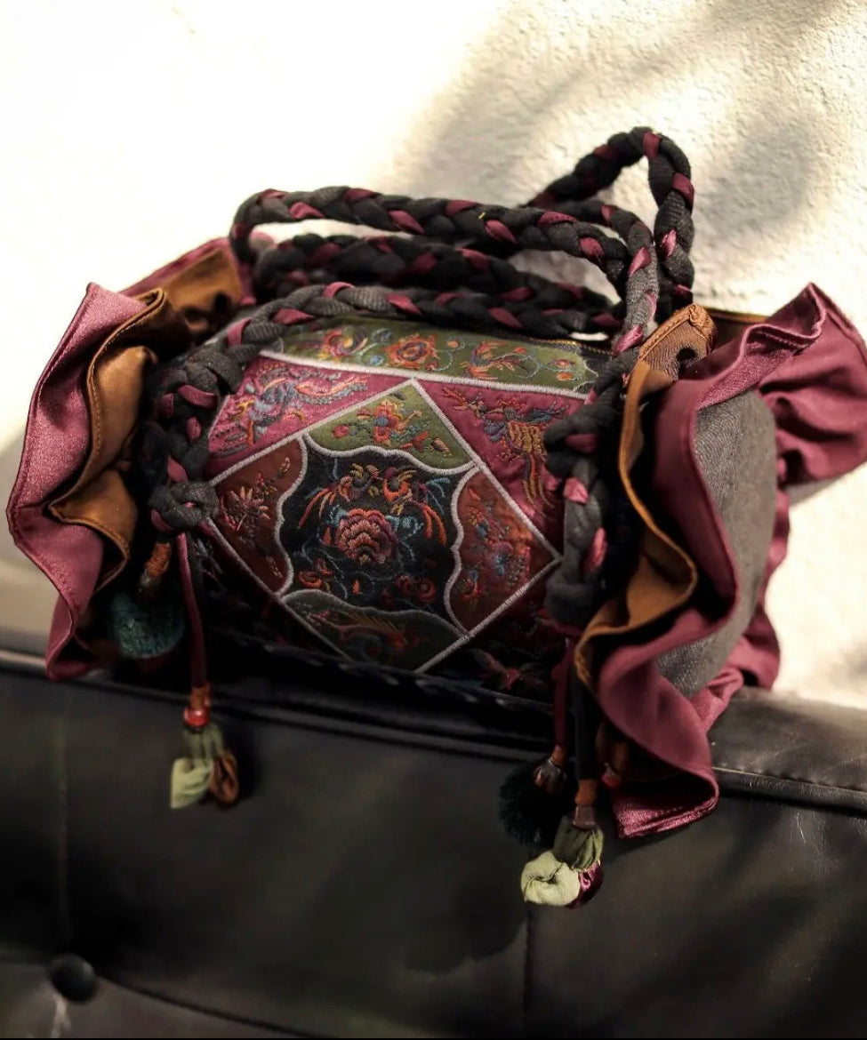 Original Ethnic Style Linen Embroidery Ruffled Messenger Bag