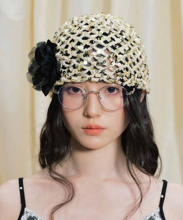 Original French Flower Woven Hollow Out Sequins Boonie Hat