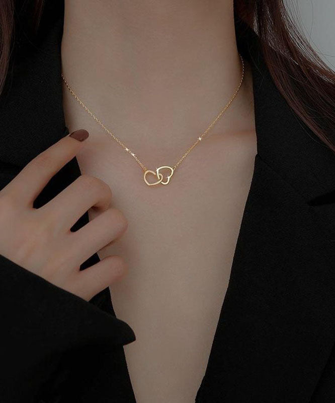 Original Gold Copper Alloy Double Ring Heart Shape Pendant Necklace