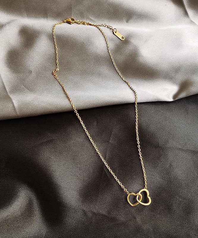 Original Gold Copper Alloy Double Ring Heart Shape Pendant Necklace