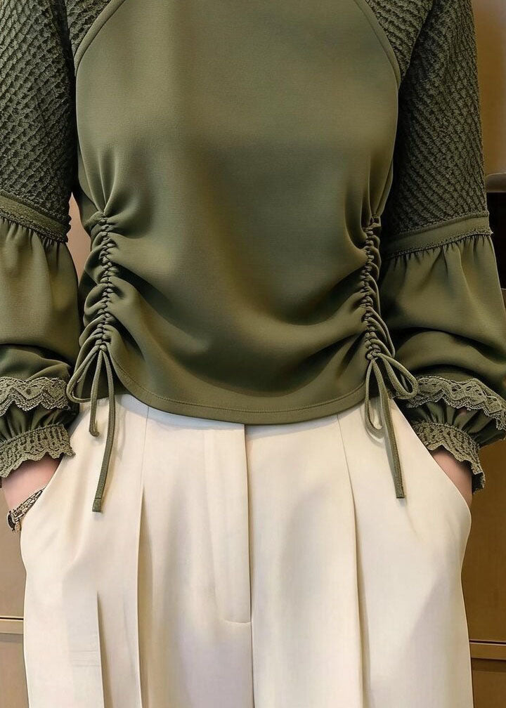 Original Green Cinched Tulle Patchwork Top Lantern Sleeve