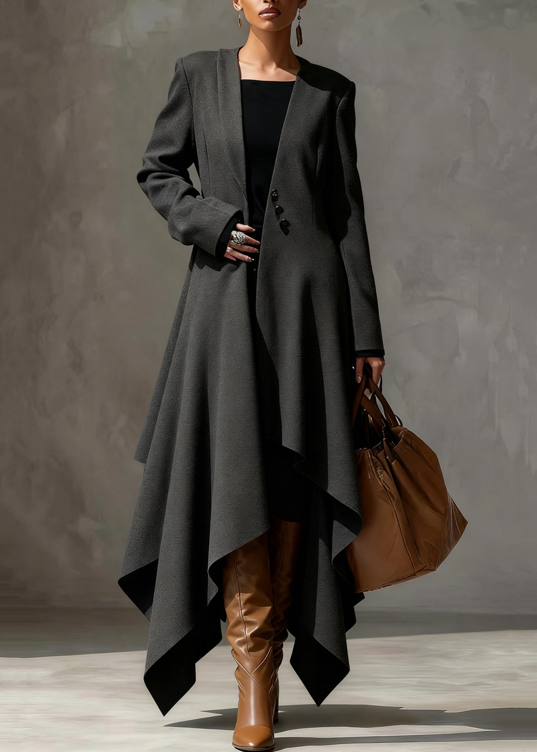 Original Grey Asymmetrical Button Woolen Long Coats Spring