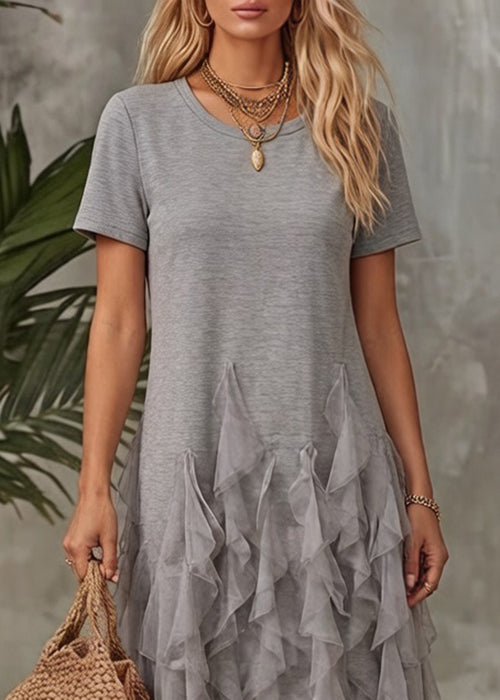 Original Grey Ruffled Tulle Patchwork T Shirt Dress Summer