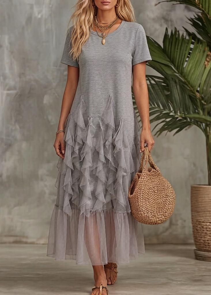 Original Grey Ruffled Tulle Patchwork T Shirt Dress Summer