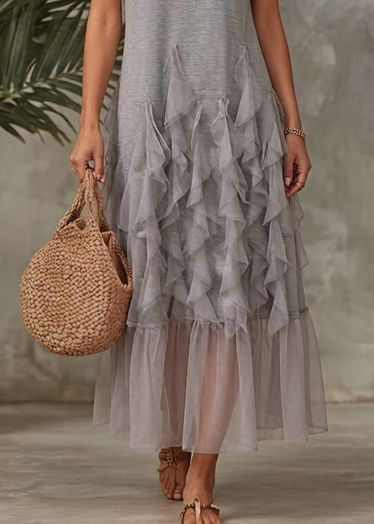 Original Grey Ruffled Tulle Patchwork T Shirt Dress Summer