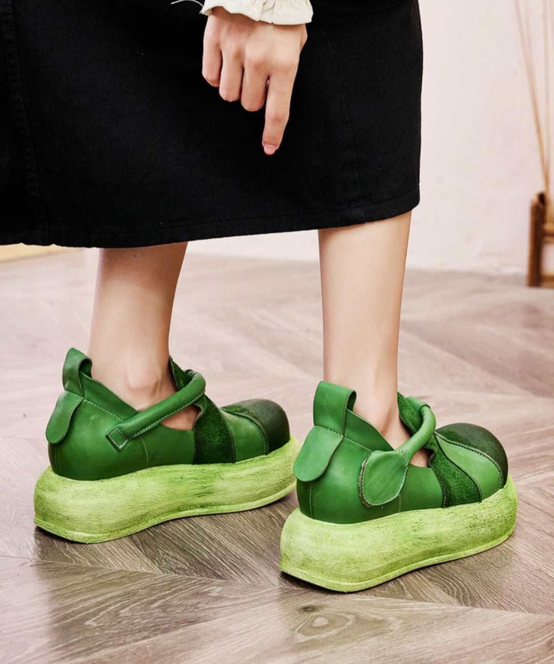 Original Handmade Green Cowhide Leather Splicing Platform Shoes
