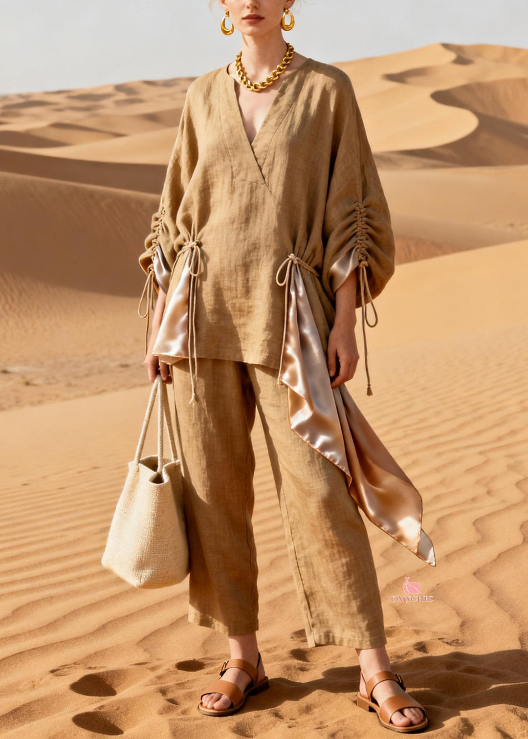 Original Khaki Asymmetrical Cinched Silk Patchwork Two Pieces Set Spring