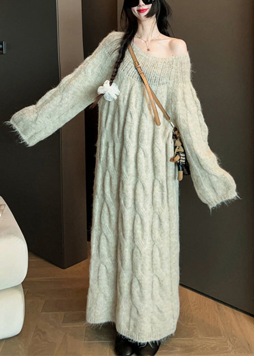 Original Khaki O Neck Hollow Out Solid Knit Sweater Dress