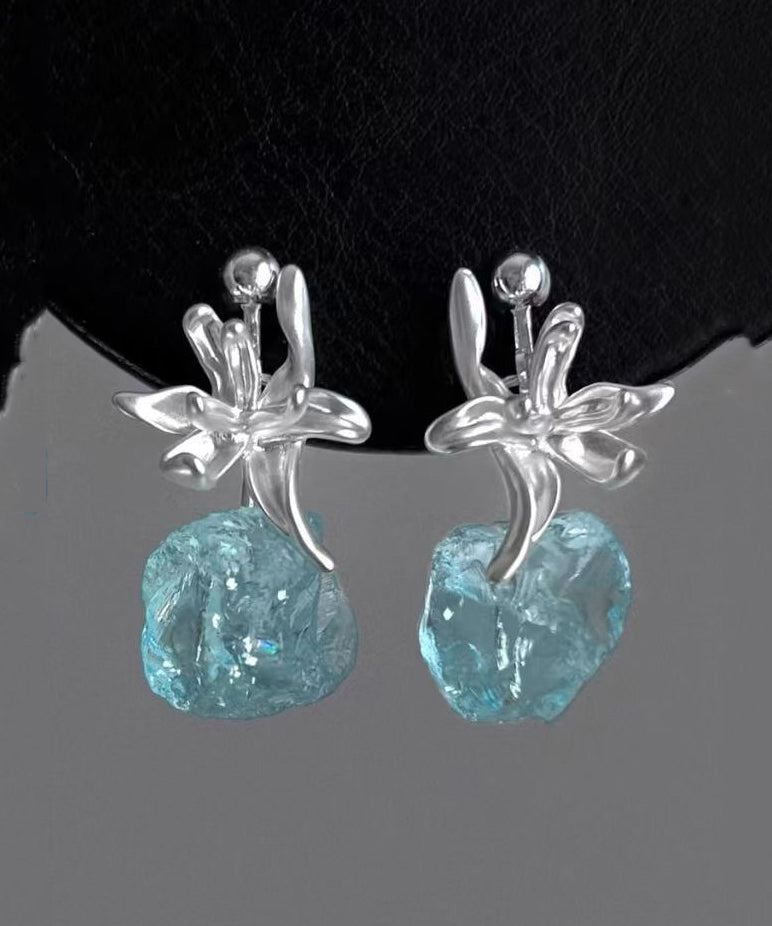 Original Light Blue Sterling Silver Floral Gem Stone Drop Earrings