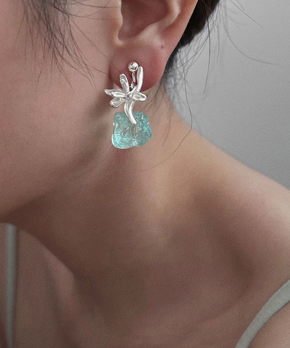 Original Light Blue Sterling Silver Floral Gem Stone Drop Earrings