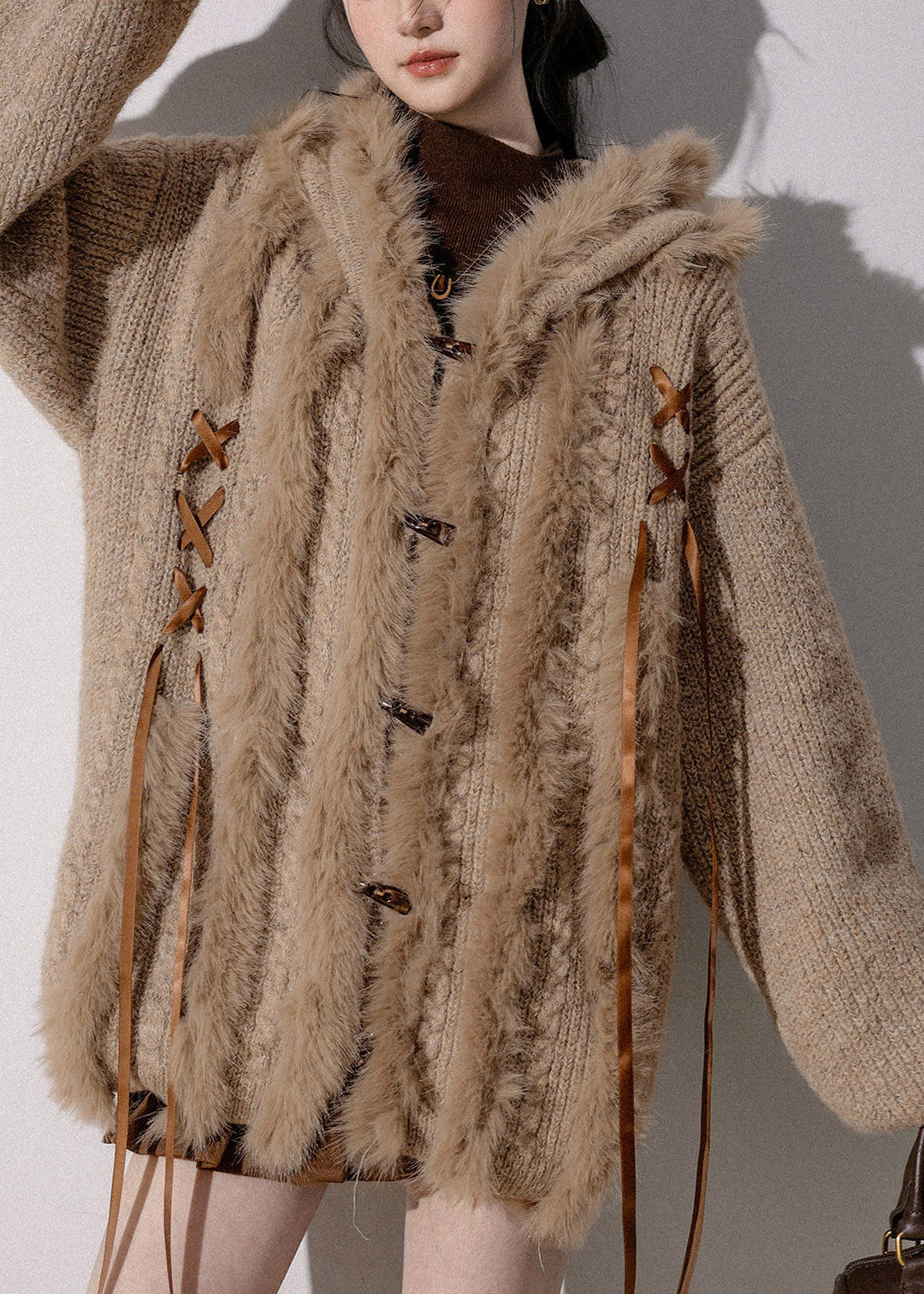 Original Light Coffee Fur Collar Button Hooded Cotton Knit Cardigan Lantern Sleeve