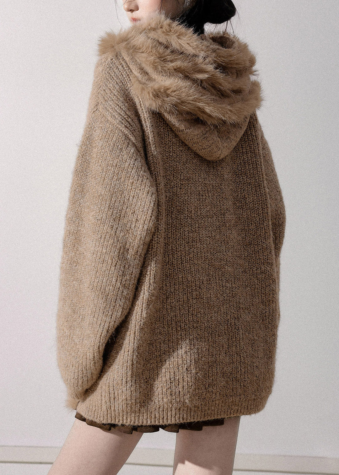 Original Light Coffee Fur Collar Button Hooded Cotton Knit Cardigan Lantern Sleeve