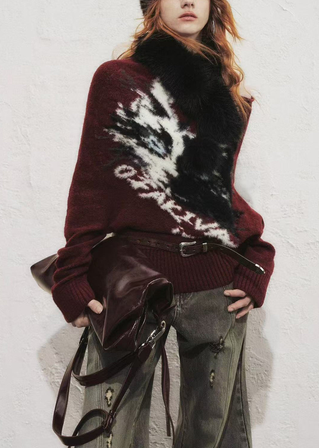 Original Mulberry Faux Mink Fur Cat Pattern Slash Neck Knit Sweater