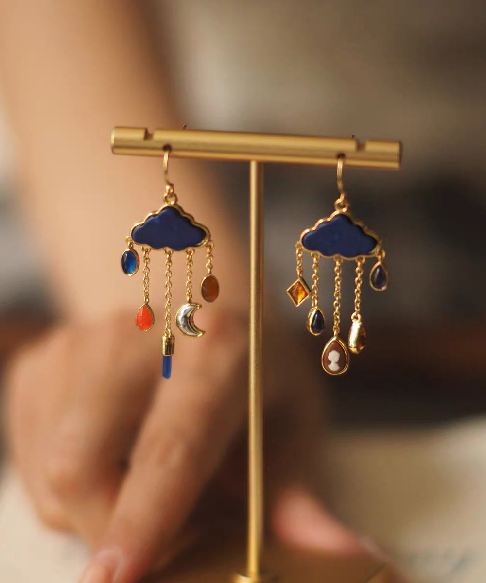 Original Navy Copper Overgild Moon Cloud Tassel Drop Earrings