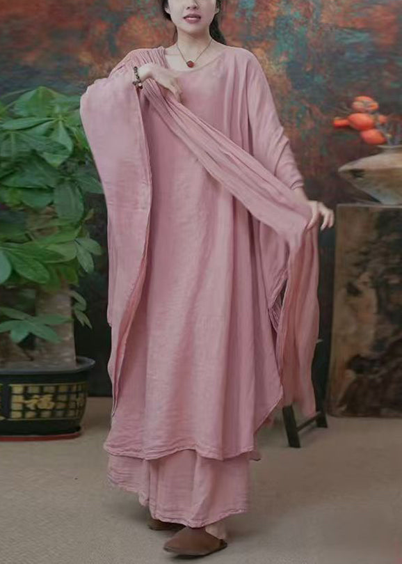 Original Pink Bow Dress And Wide Leg Pants Linen Two Pieces Set Batwing Sleeve