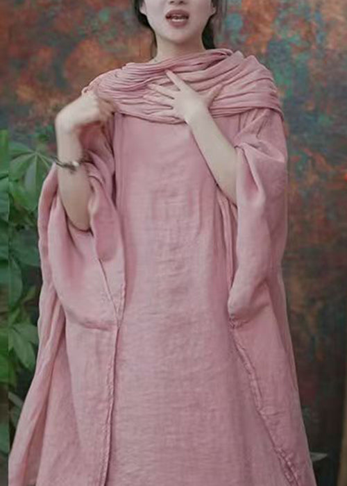 Original Pink Bow Dress And Wide Leg Pants Linen Two Pieces Set Batwing Sleeve