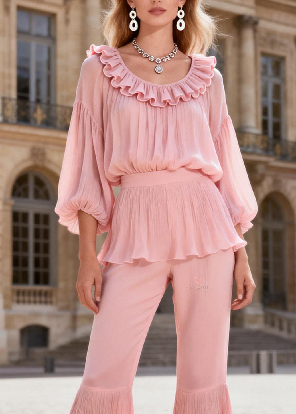 Original Pink Ruffled Patchwork Silk Two Piece Set Women Clothing Summer