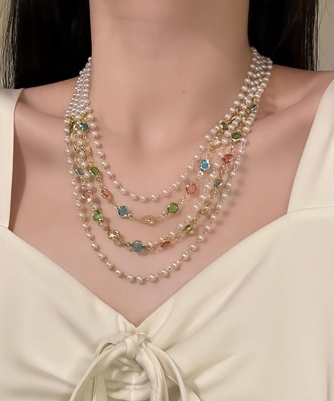 Original Rainbow Copper Overgild Crystal Pearl Multi-Layer Gratuated Bead Necklace