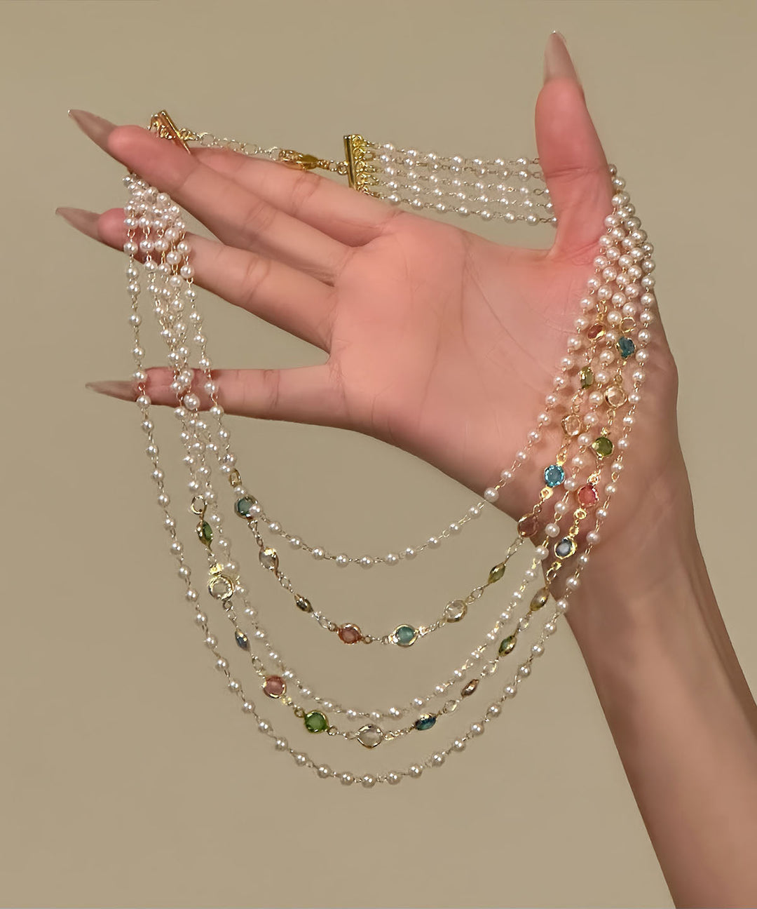 Original Rainbow Copper Overgild Crystal Pearl Multi-Layer Gratuated Bead Necklace