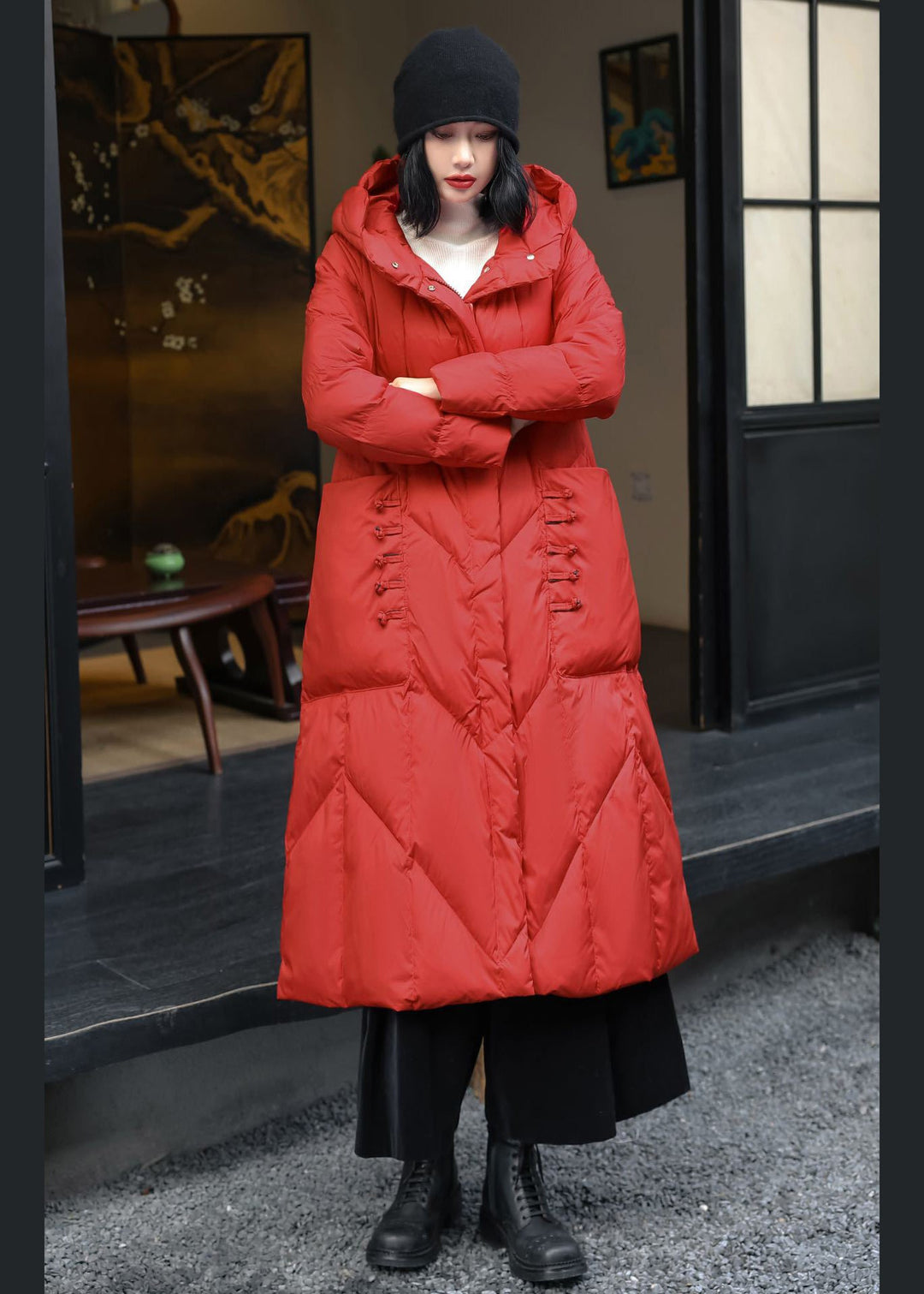 Original Red Button Pockets Duck Down Puffer Coat Winter