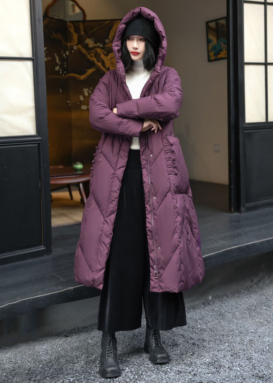 Original Red Button Pockets Duck Down Puffer Coat Winter