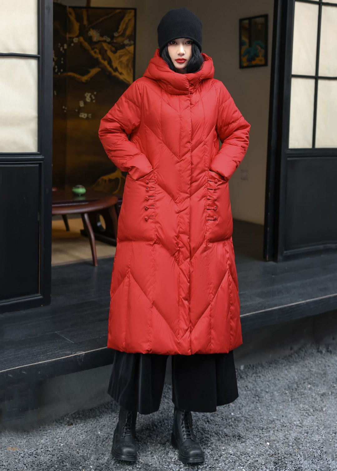 Original Red Button Pockets Duck Down Puffer Coat Winter