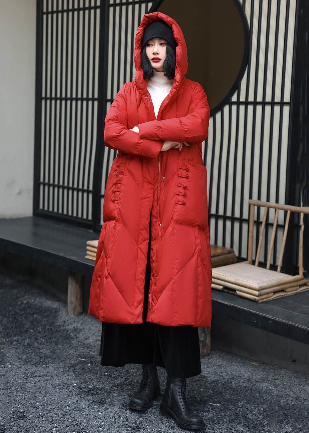 Original Red Button Pockets Duck Down Puffer Coat Winter