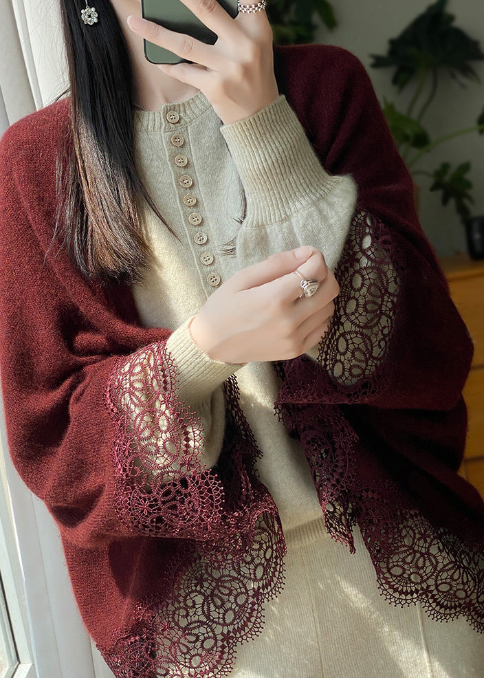 Original Red Hollow Out Patchwork Woolen Cardigan Fall