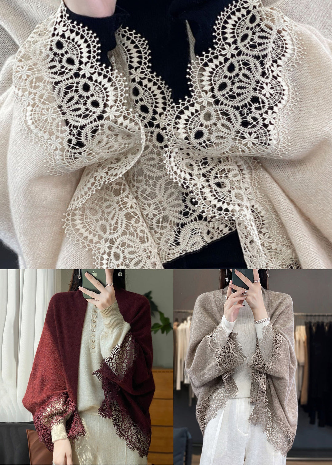 Original Red Hollow Out Patchwork Woolen Cardigan Fall