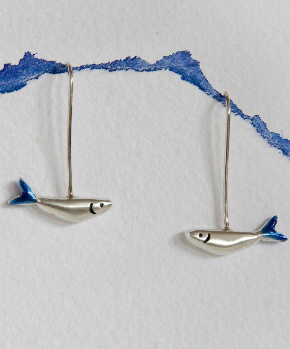Original Small Fish Handmade Silver Enamel Earrings - Omychic
