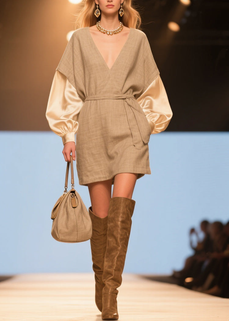 Original V Neck Tie Waist Silk Patchwork Linen Dresses Spring - Omychic