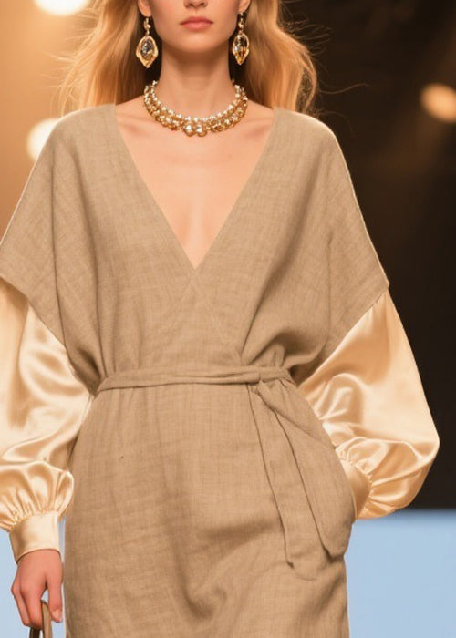 Original V Neck Tie Waist Silk Patchwork Linen Dresses Spring - Omychic