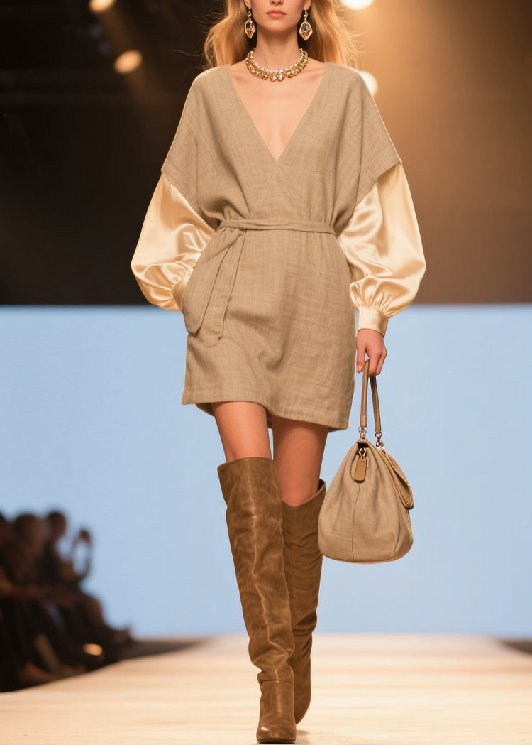 Original V Neck Tie Waist Silk Patchwork Linen Dresses Spring - Omychic