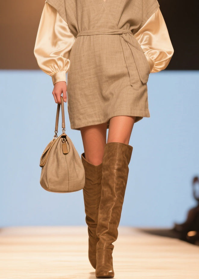 Original V Neck Tie Waist Silk Patchwork Linen Dresses Spring - Omychic