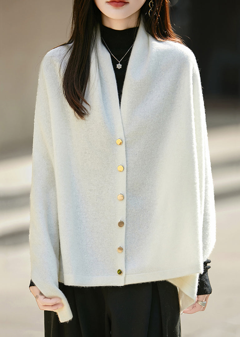 Original White Asymmetrical Button Woolen Knit Cape Sweaters Winter