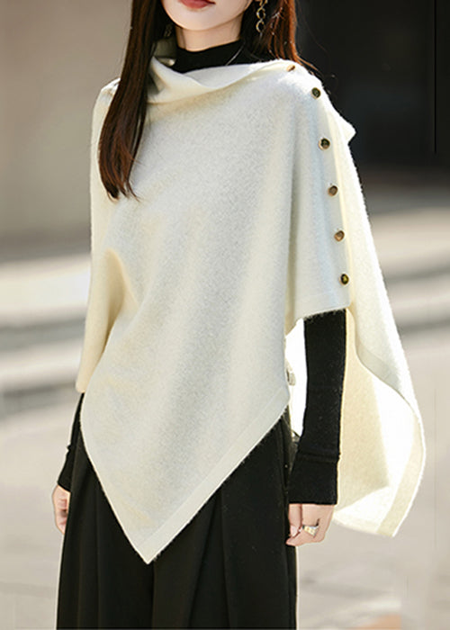 Original White Asymmetrical Button Woolen Knit Cape Sweaters Winter