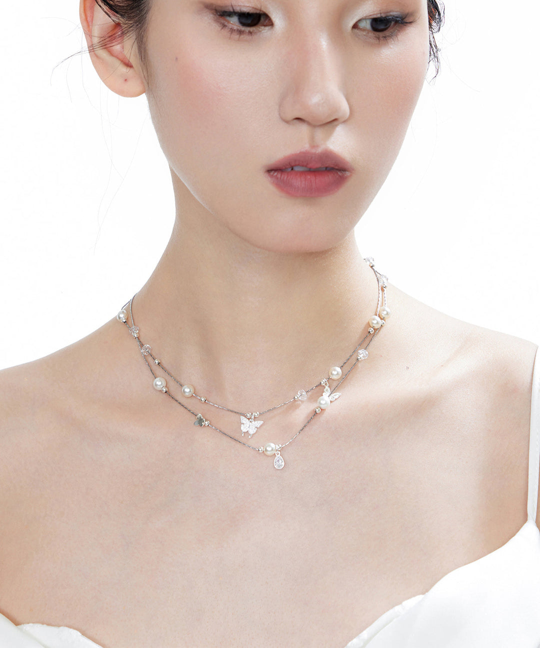 Original White Butterfly Crystal Pearl Double Layered Adjustable Silver Necklace