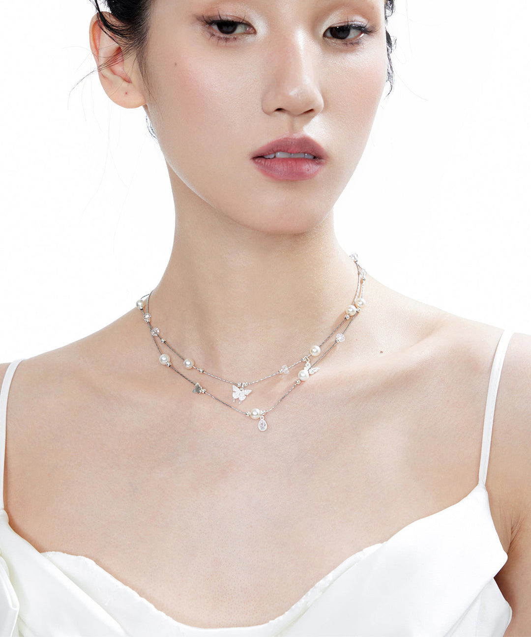 Original White Butterfly Crystal Pearl Double Layered Adjustable Silver Necklace
