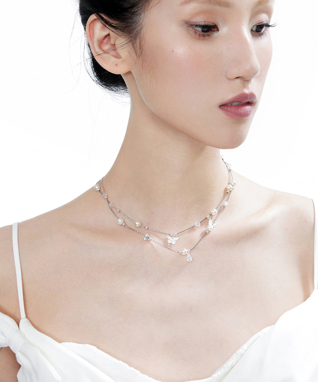Original White Butterfly Crystal Pearl Double Layered Adjustable Silver Necklace