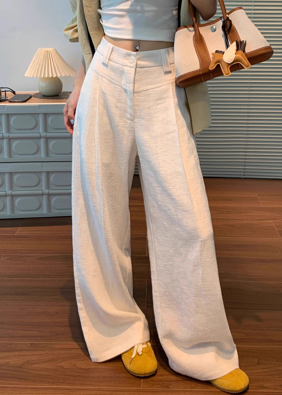 Original White Button High Waist Linen Pants Fall